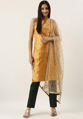 Mustard Woven Design Silk Blend Kurta Sets