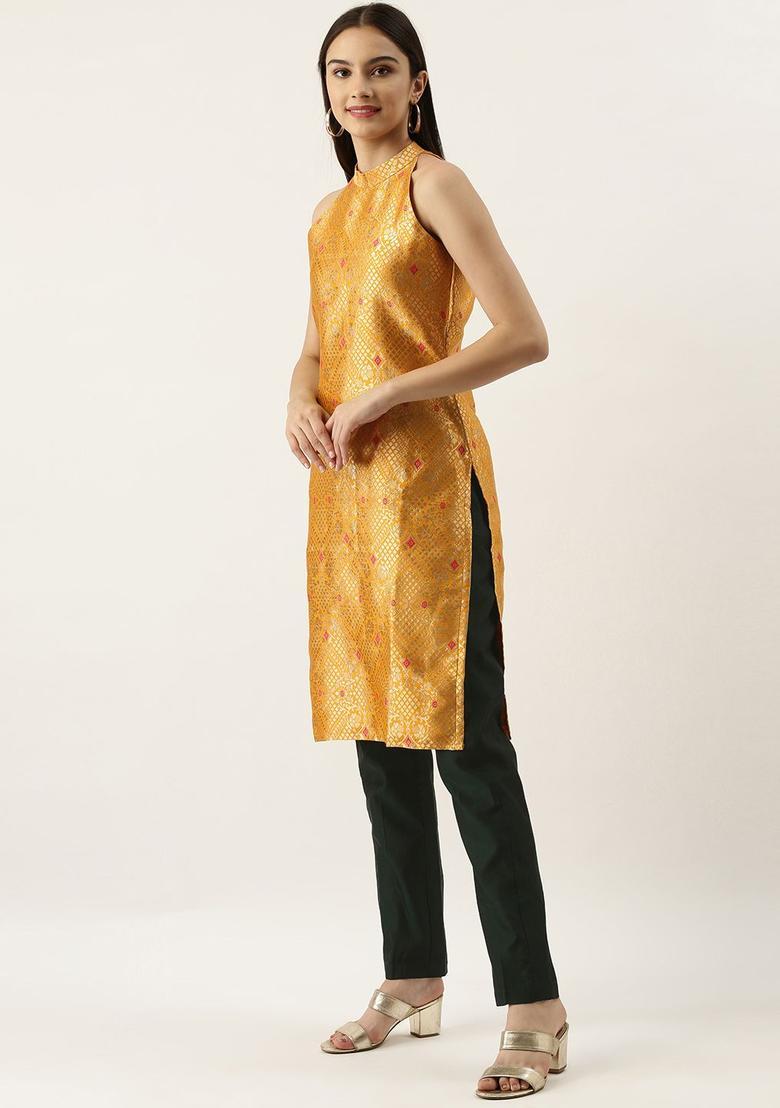 Mustard Woven Design Silk Blend Kurta Sets - Indya