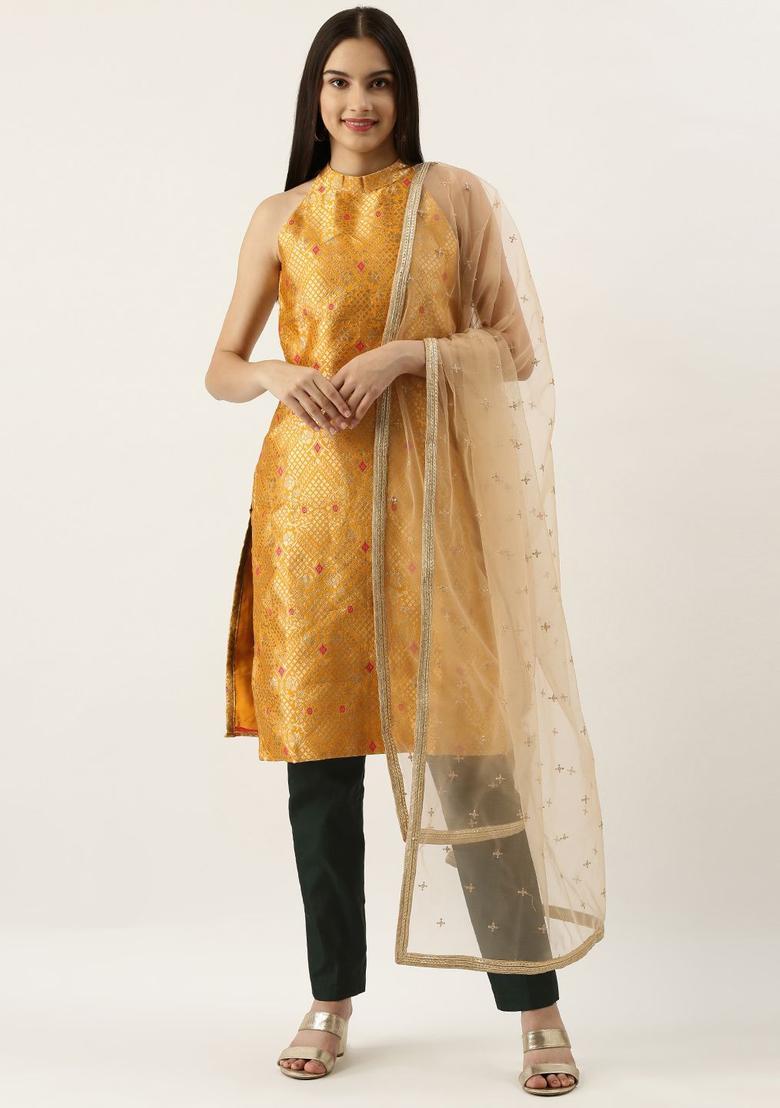 Mustard Woven Design Silk Blend Kurta Sets - Indya
