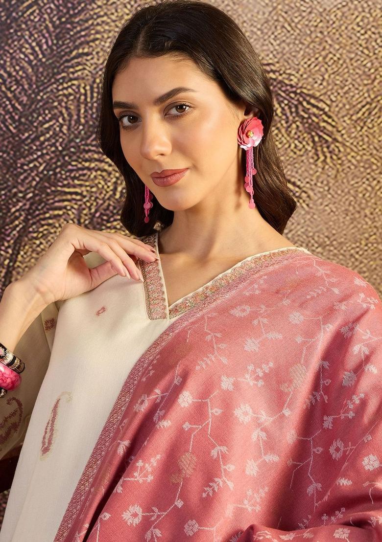 White Woven Design Wool Blend Kurta Sets - Indya