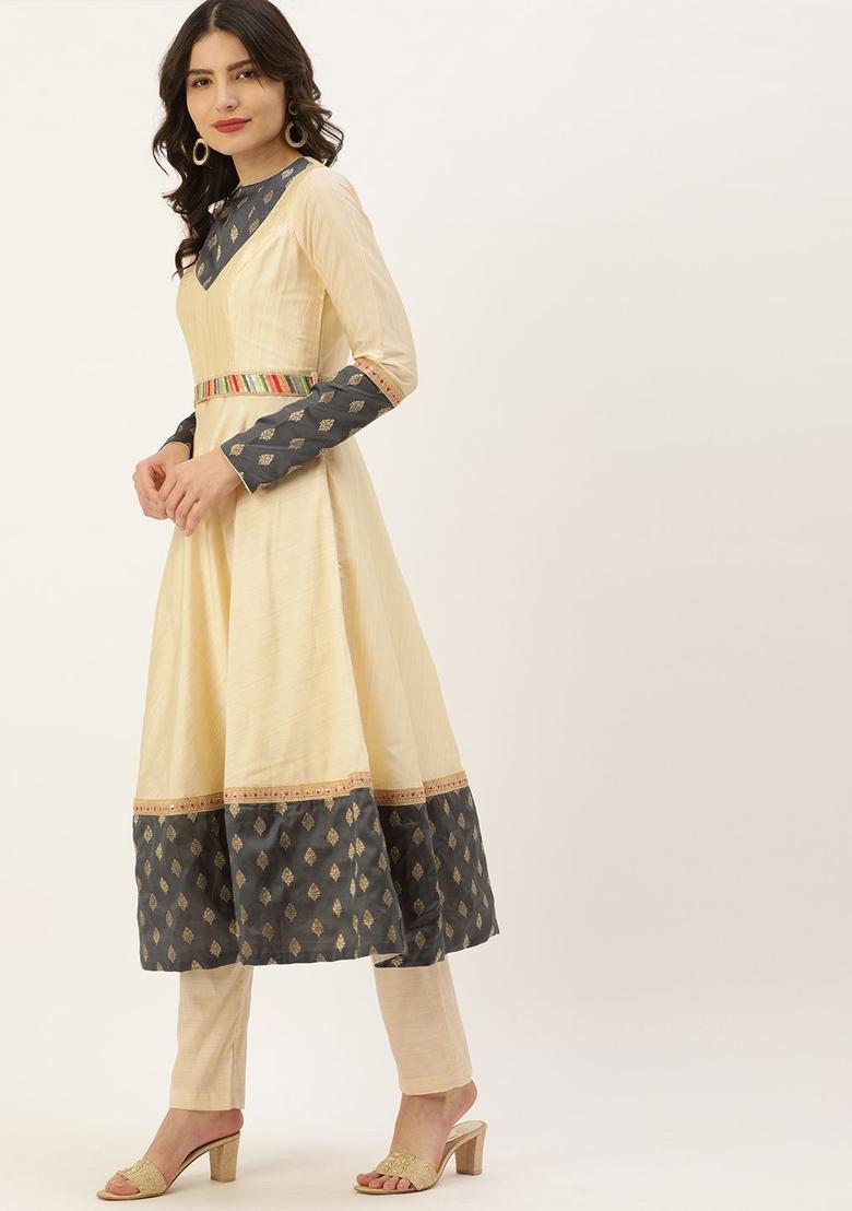 Beige Embroidered Silk Blend Anarkli Sets - Indya