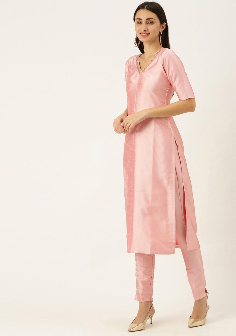 Pink Solid Silk Blend Kurta Sets - Indya