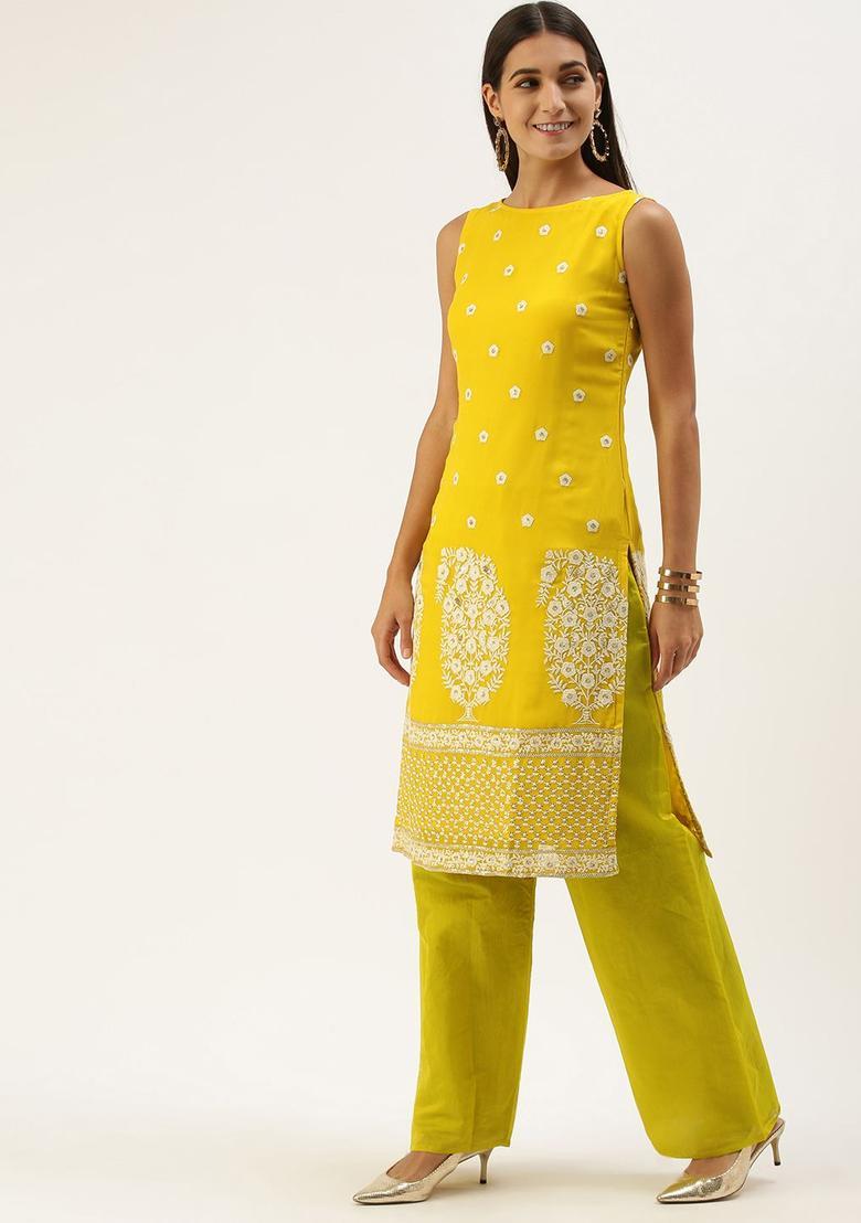 Yellow Embroidered Georgette Kurta Sets - Indya
