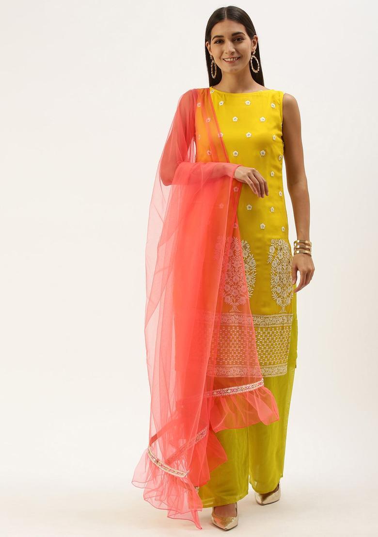 Yellow Embroidered Georgette Kurta Sets - Indya