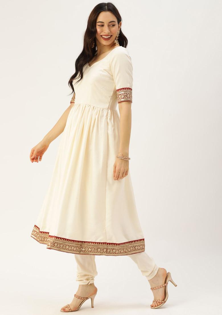 Cream Solid Satin Anarkli Sets - Indya
