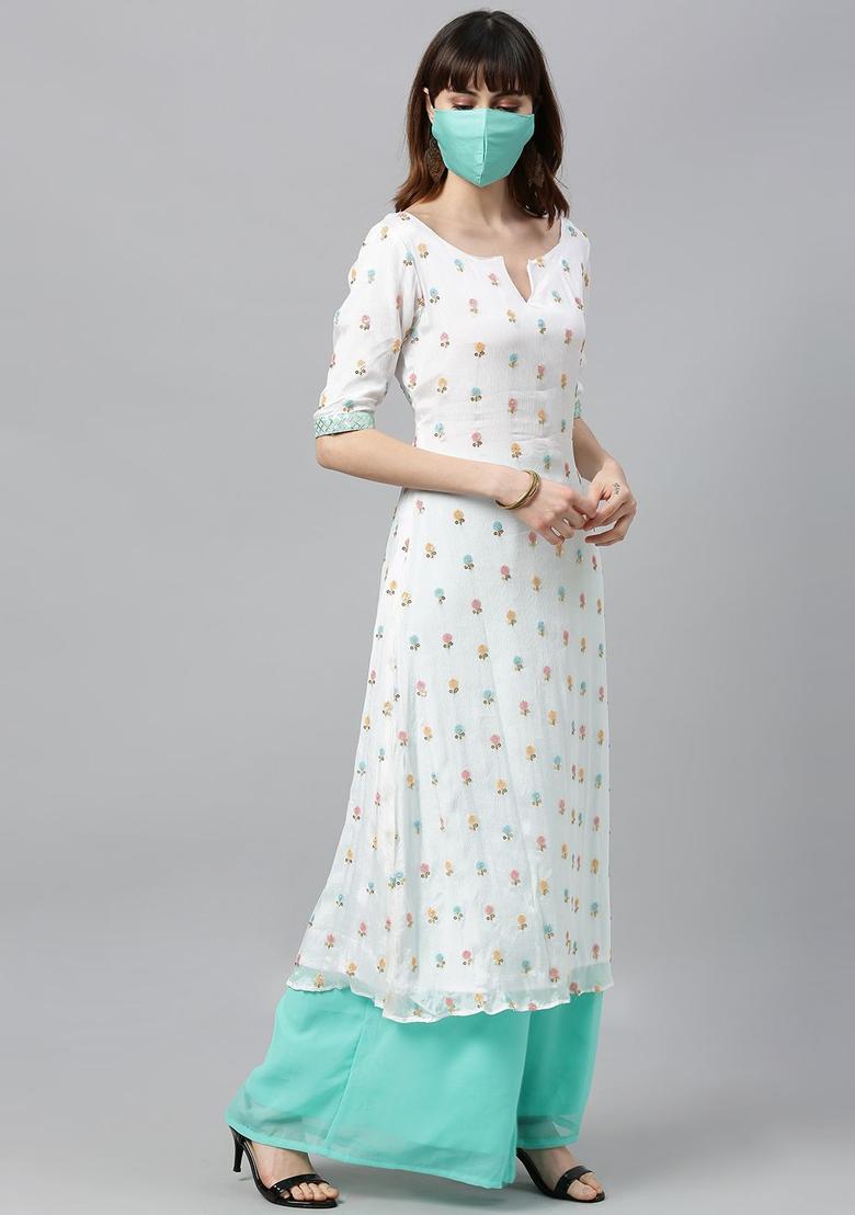 White Embroidered Chiffon Kurta Sets - Indya