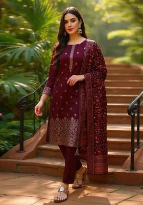 Burgundy Woven Design Silk Blend Kurta Sets