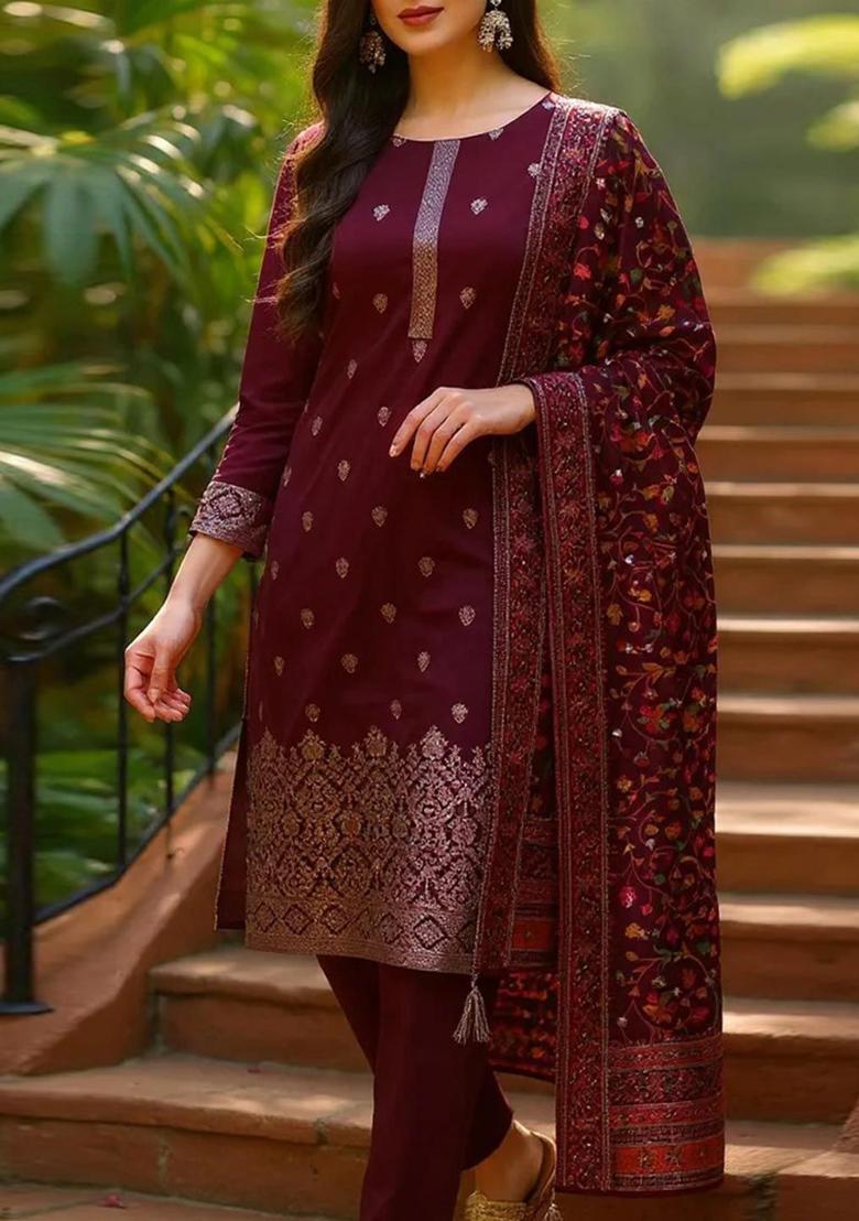 Burgundy Woven Design Silk Blend Kurta Sets - Indya