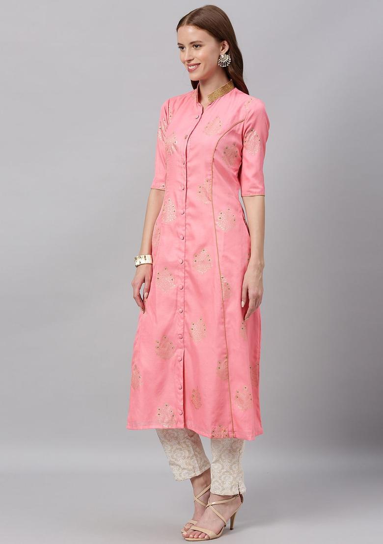 Pink Printed Silk Blend Kurta Sets - Indya