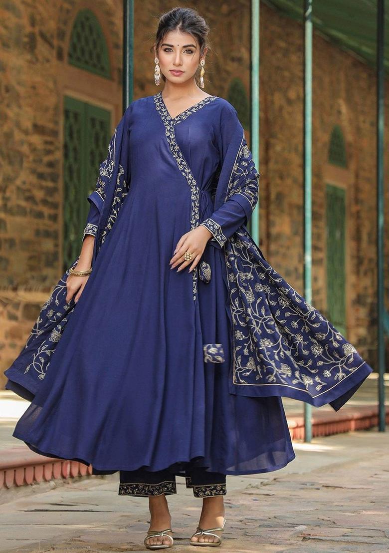 Navy Blue Solid Georgette Anarkli Sets - Indya