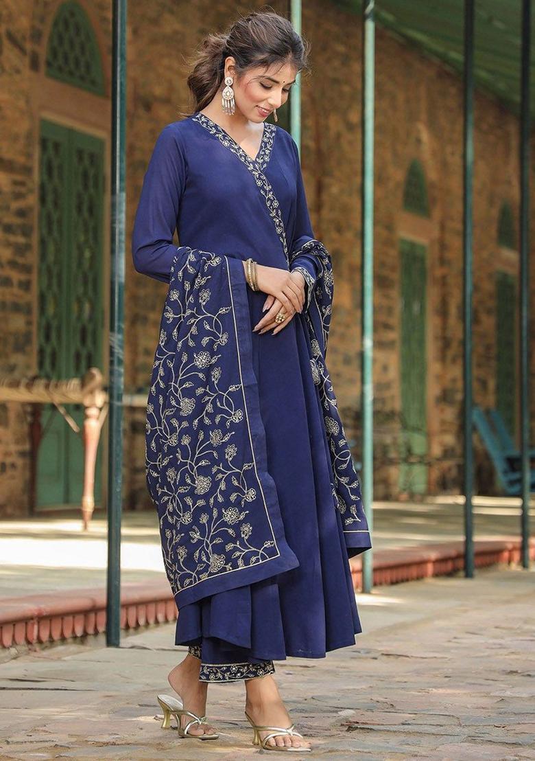 Navy Blue Solid Georgette Anarkli Sets - Indya