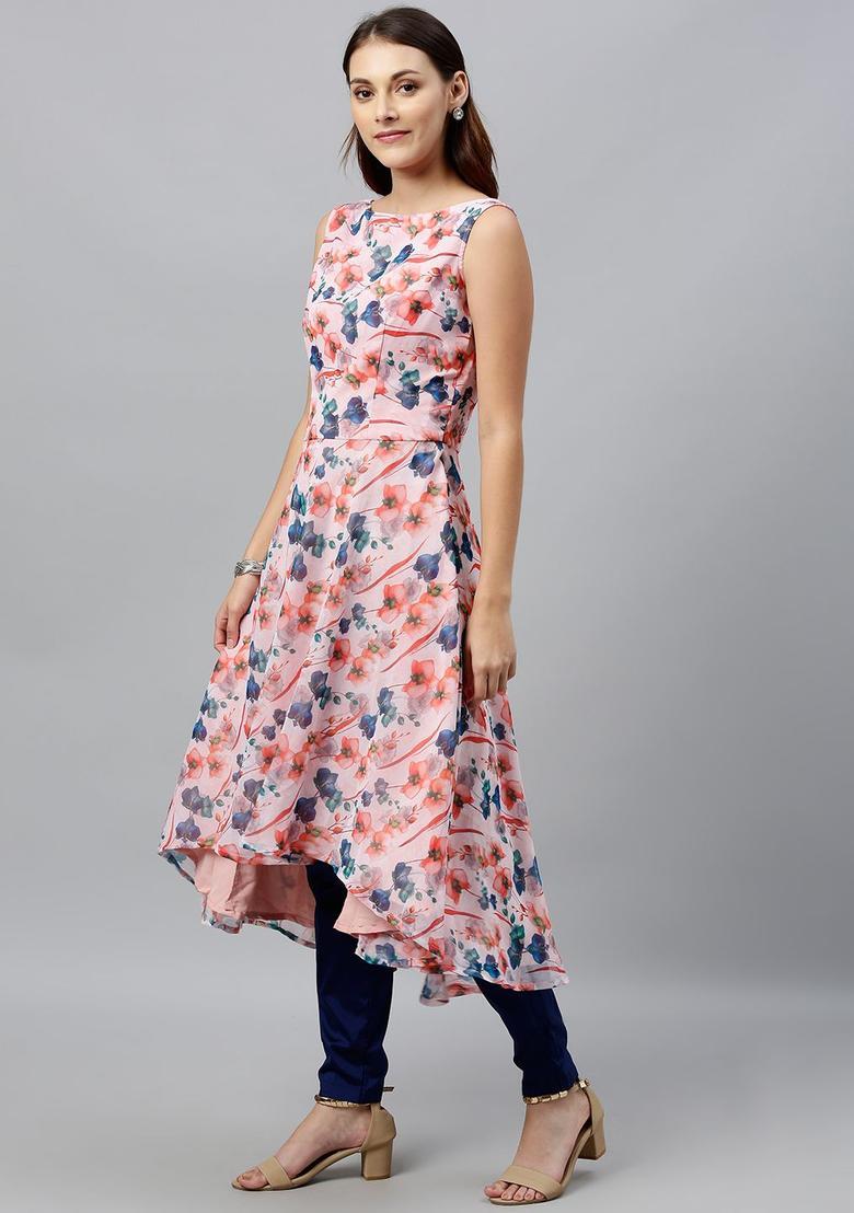 Pink Printed Georgette Kurta Sets - Indya