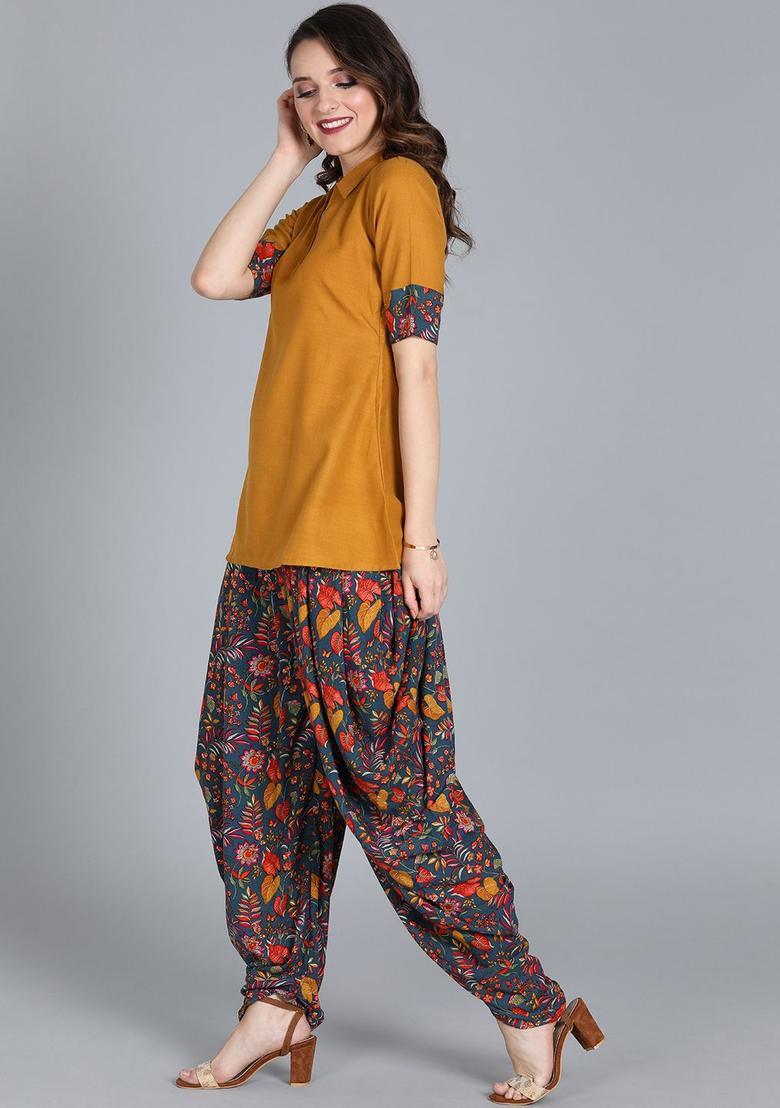 Mustard Solid Viscose Kurta Sets - Indya