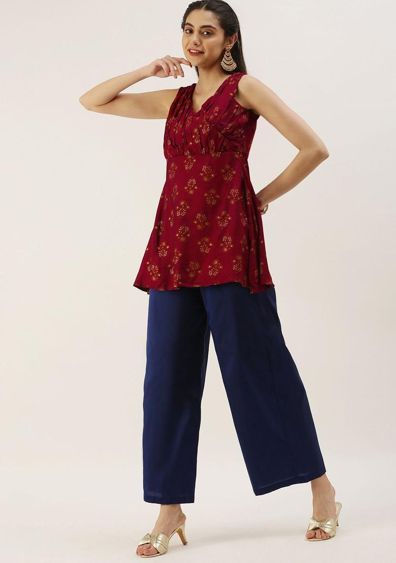 Maroon Printed Viscose Kurta Sets - Indya