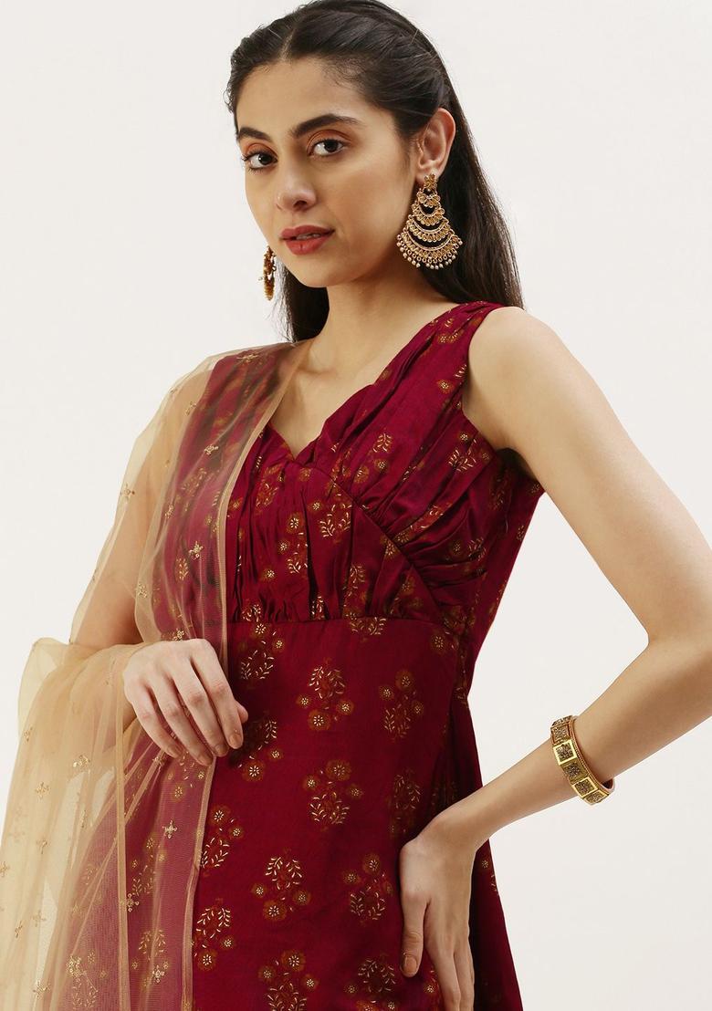 Maroon Printed Viscose Kurta Sets - Indya