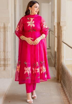 Pink Printed Organza Anarkli Sets