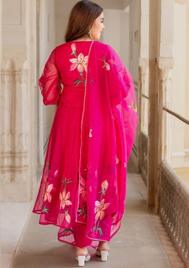 Pink Printed Organza Anarkli Sets - Indya