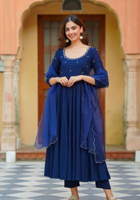Blue Yoke Design Viscose Anarkli Sets
