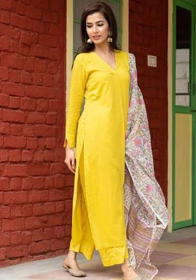 Yellow Solid Cotton Kurta Sets