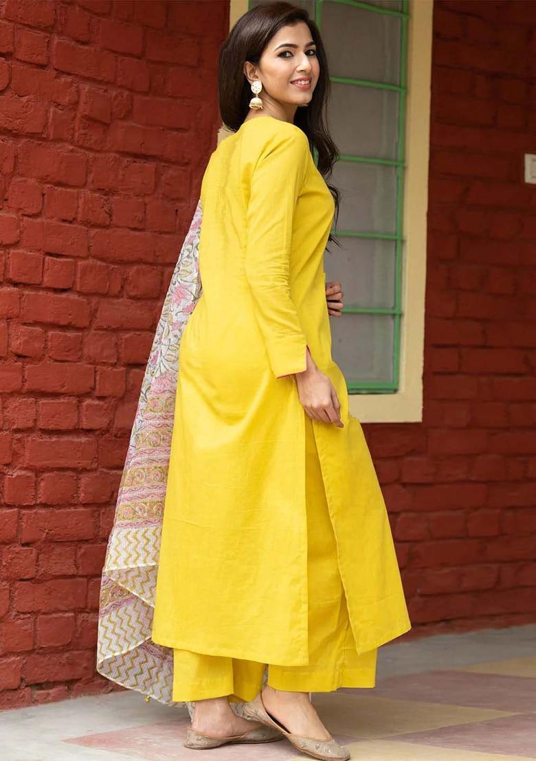 Yellow Solid Cotton Kurta Sets - Indya
