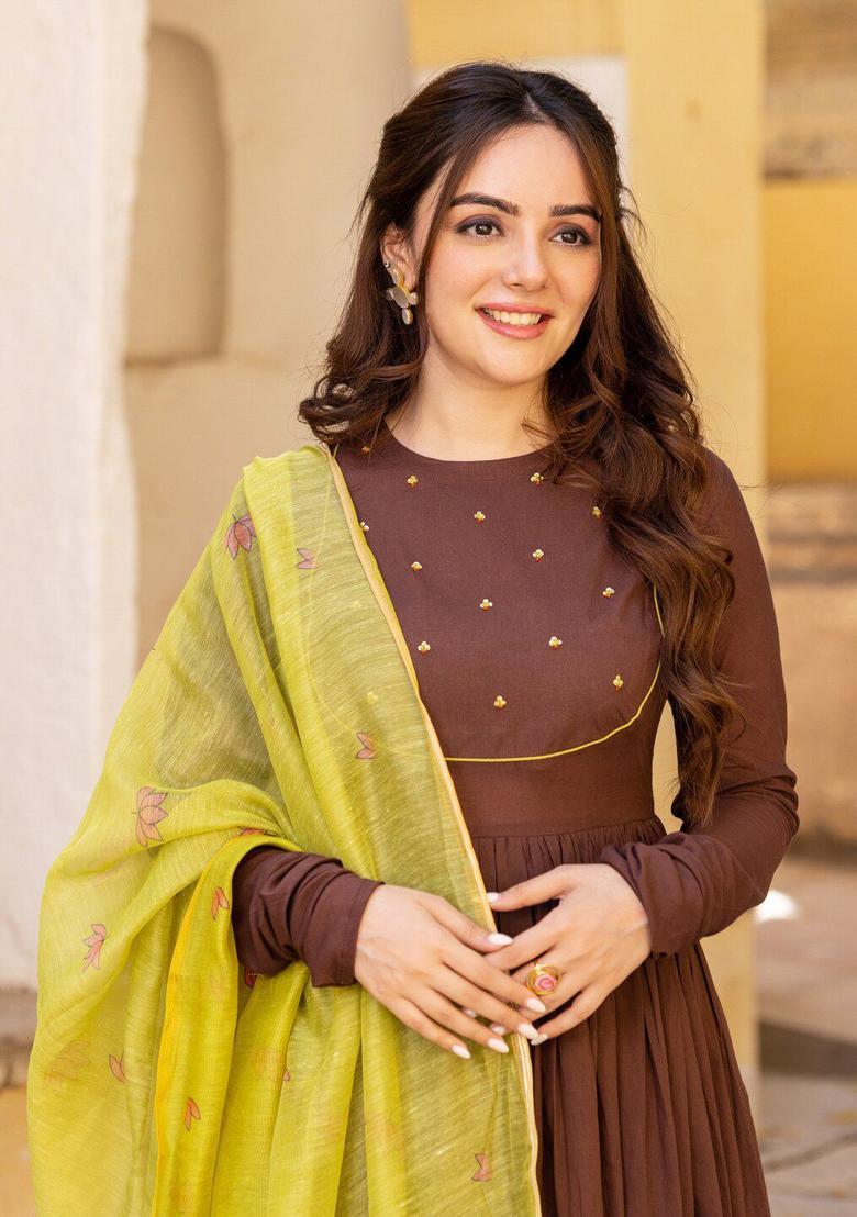Brown Yoke Design Cotton Anarkli Sets - Indya