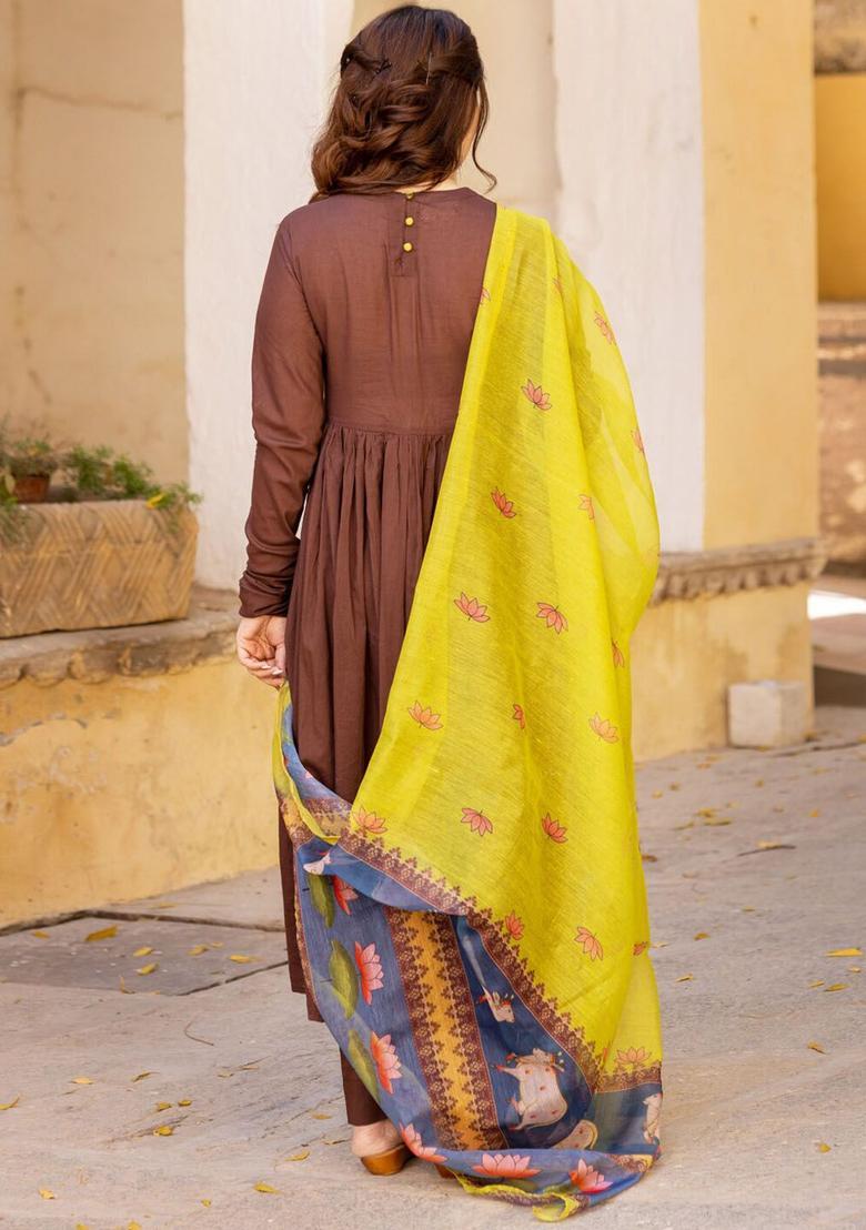 Brown Yoke Design Cotton Anarkli Sets - Indya