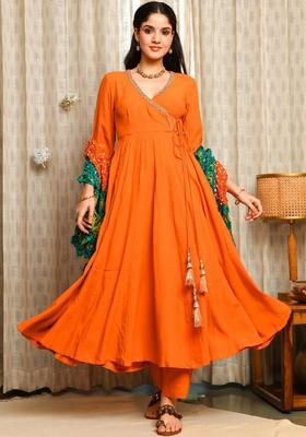 Orange Solid Viscose Anarkli Sets