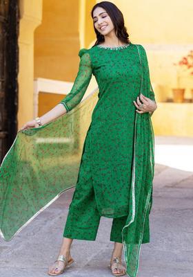 Green Printed Silk Blend Kurta Sets
