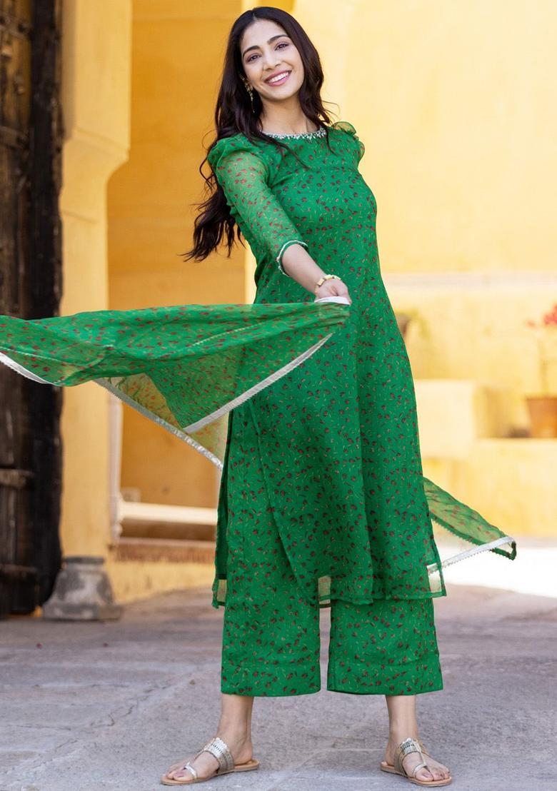 Green Printed Silk Blend Kurta Sets - Indya