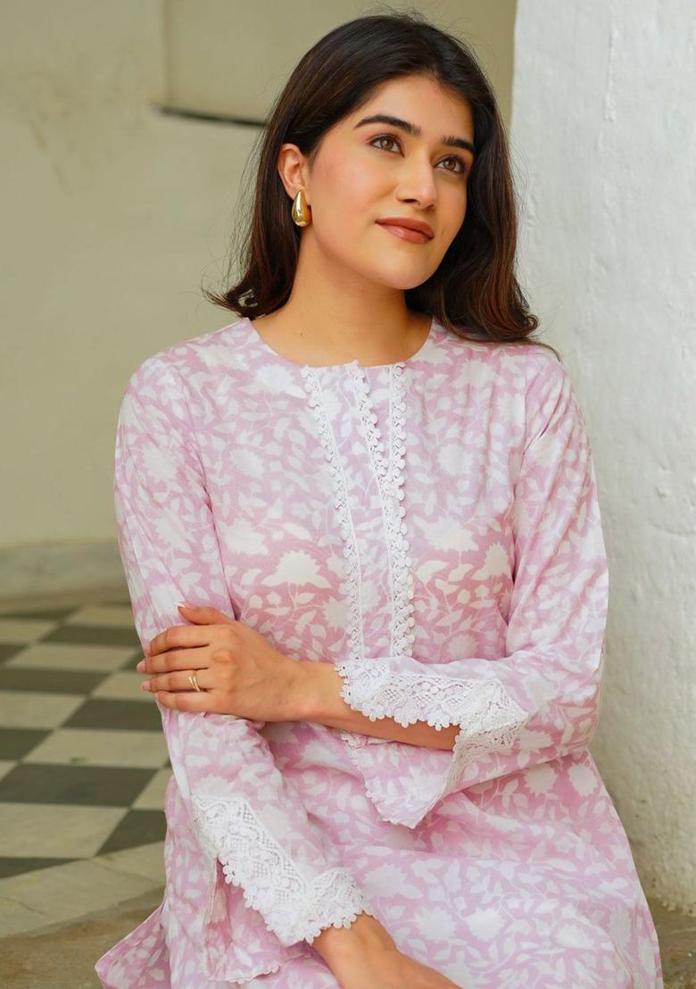 Pink Printed Cotton Anarkli Sets - Indya