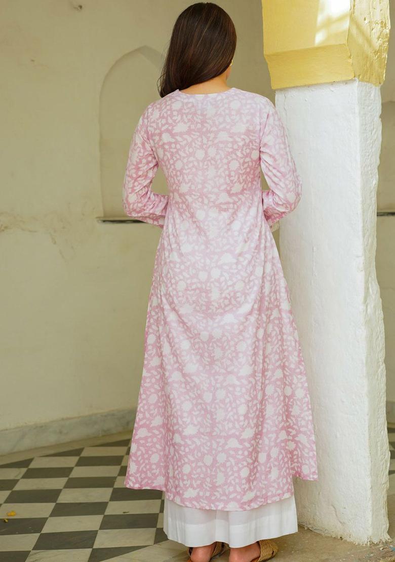 Pink Printed Cotton Anarkli Sets - Indya