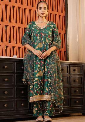 Green Printed Viscose Kurta Sets