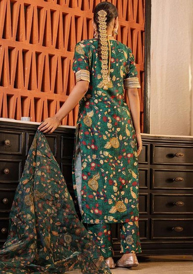 Green Printed Viscose Kurta Sets - Indya