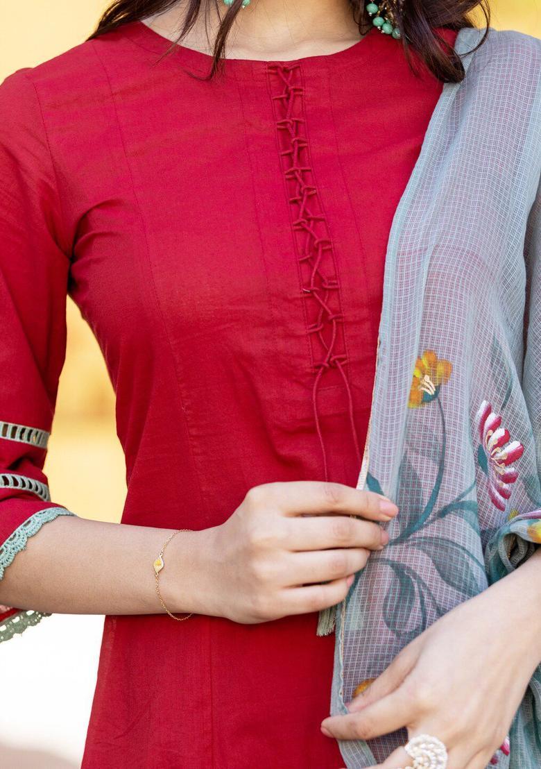 Maroon Solid Cotton Kurta Sets - Indya