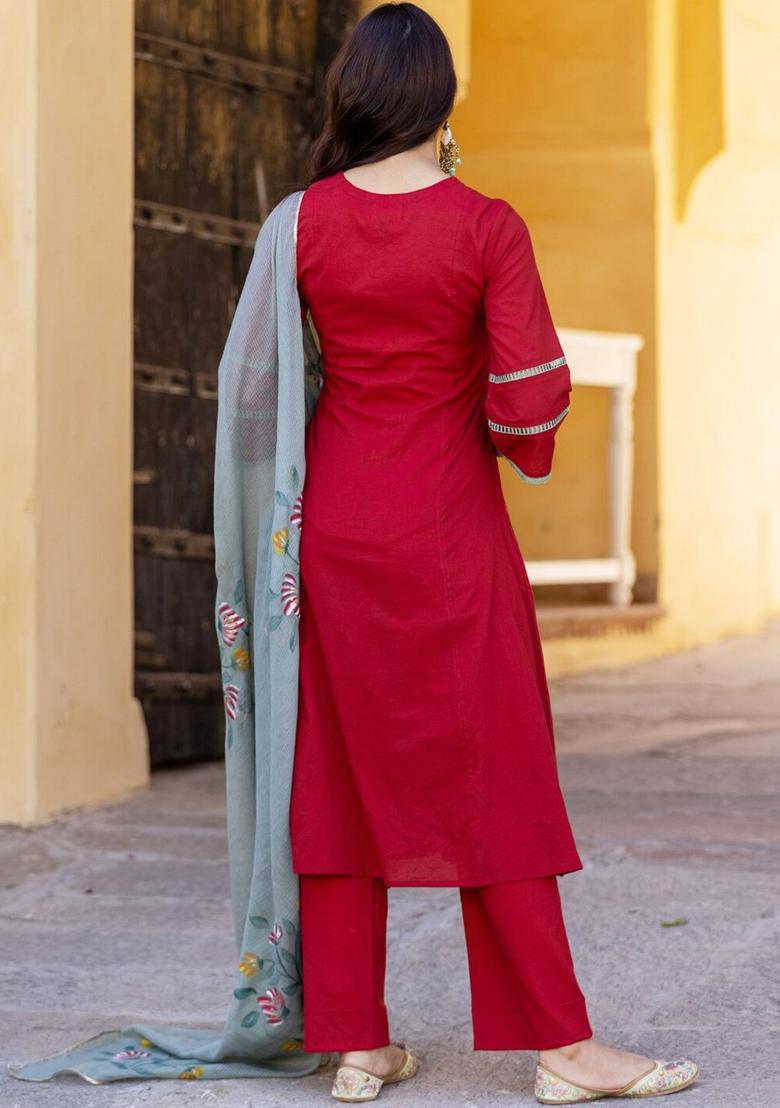 Maroon Solid Cotton Kurta Sets - Indya
