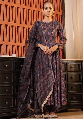 Blue Printed Viscose Anarkli Sets