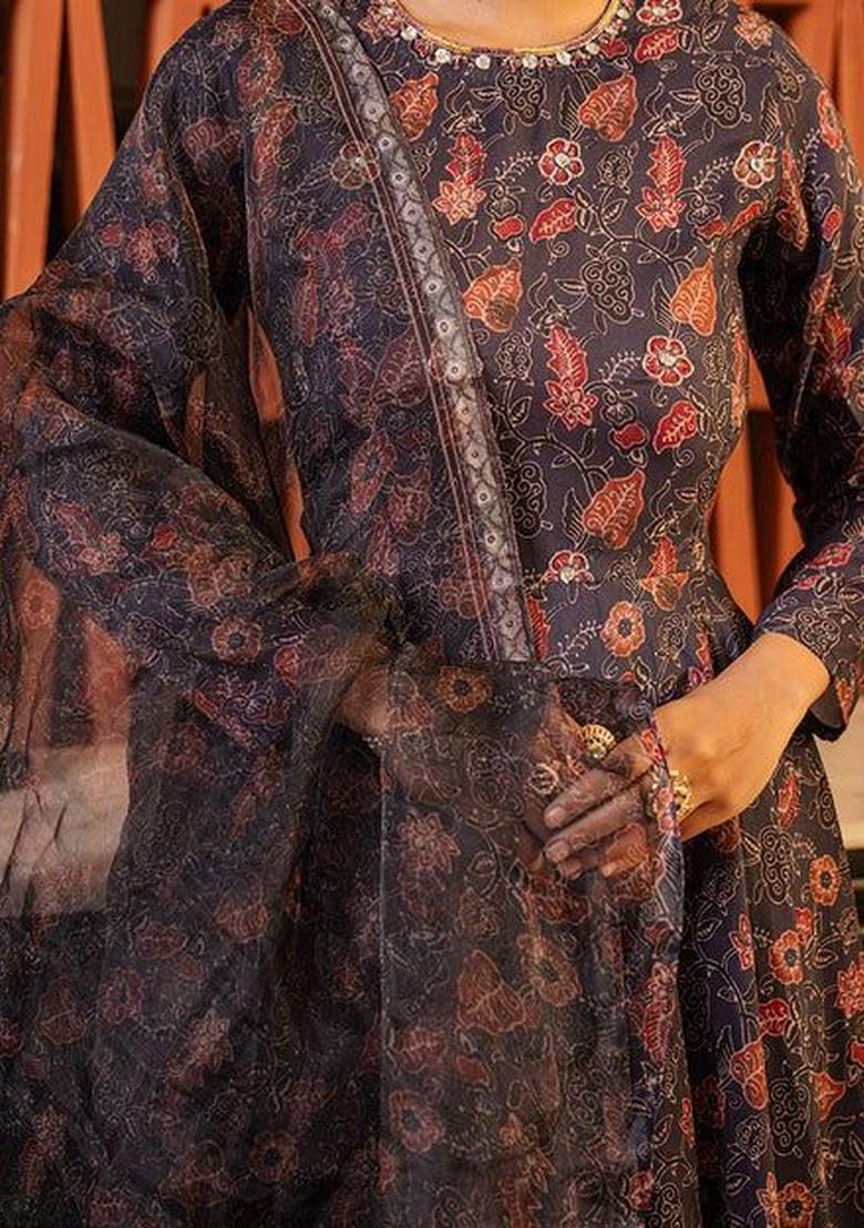 Blue Printed Viscose Anarkli Sets - Indya