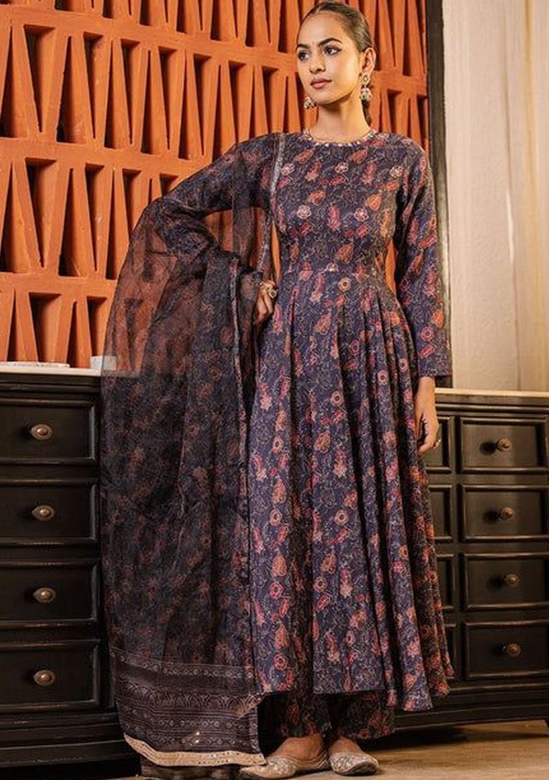 Blue Printed Viscose Anarkli Sets - Indya