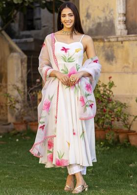 White Printed Cotton Anarkli Sets
