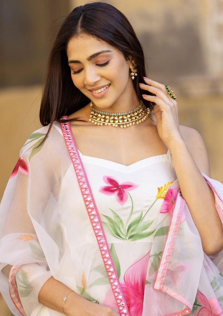 White Printed Cotton Anarkli Sets - Indya