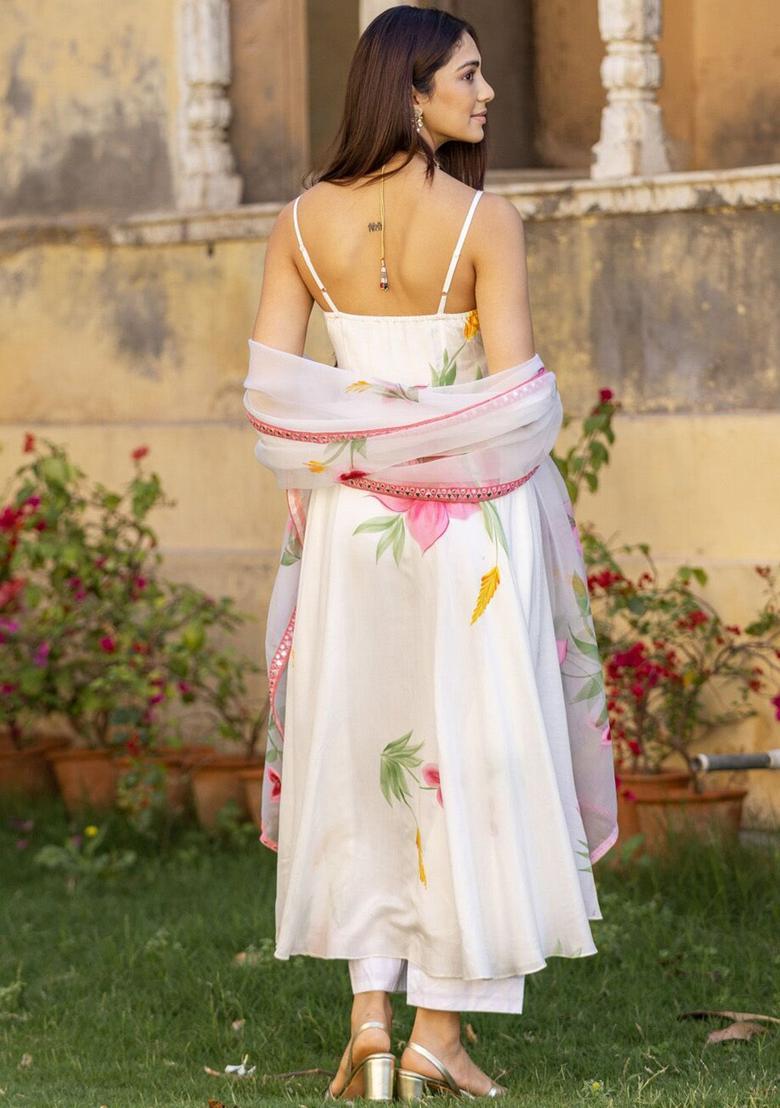 White Printed Cotton Anarkli Sets - Indya