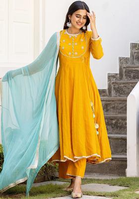 Mustard Embroidered Cotton Anarkli Sets