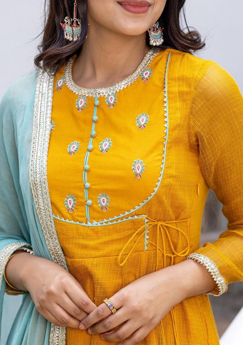Mustard Embroidered Cotton Anarkli Sets - Indya