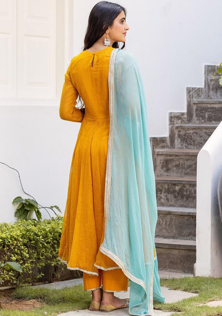 Mustard Embroidered Cotton Anarkli Sets - Indya