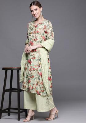 Green Printed Polyester Kurta Sets