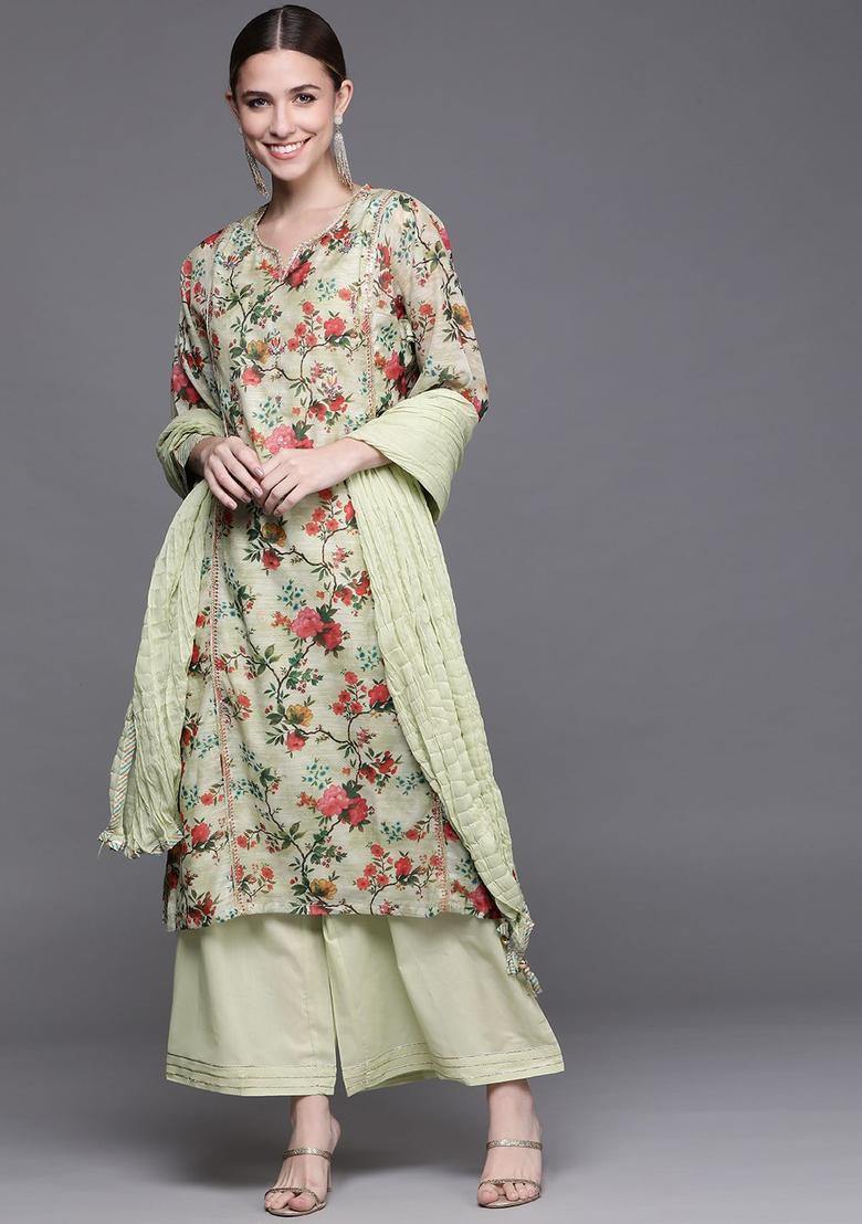 Green Printed Polyester Kurta Sets - Indya