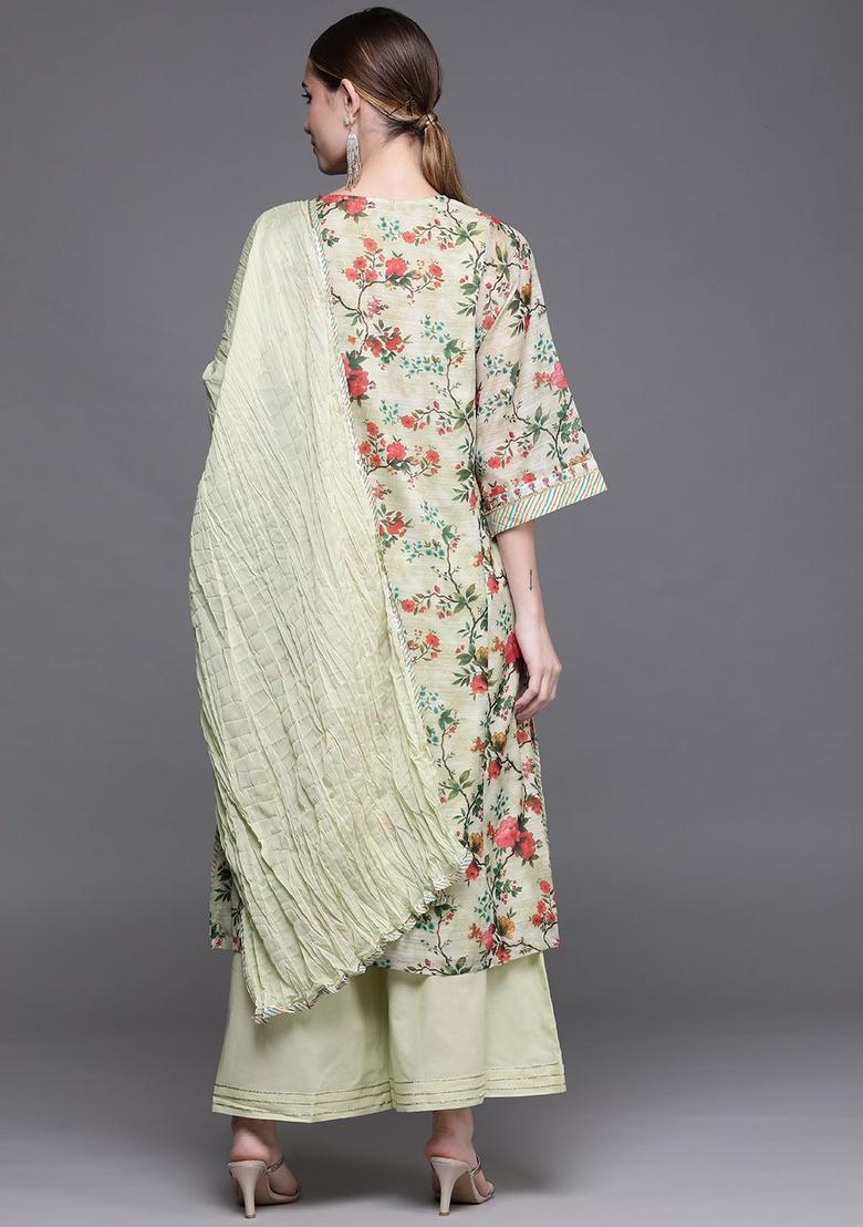 Green Printed Polyester Kurta Sets - Indya