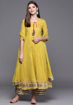 Yellow Woven Design Cotton Anarkli Sets