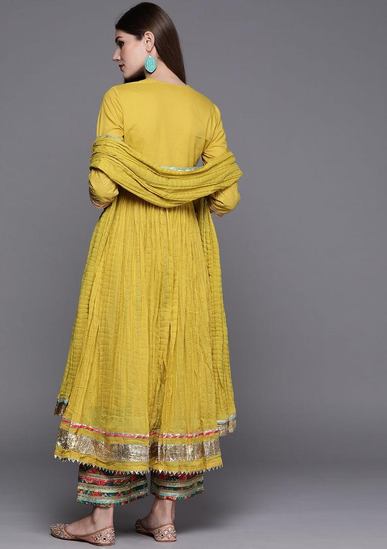 Yellow Woven Design Cotton Anarkli Sets - Indya