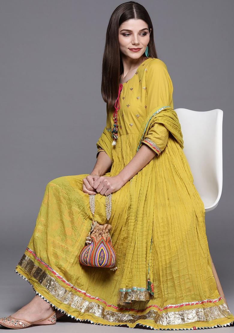 Yellow Woven Design Cotton Anarkli Sets - Indya
